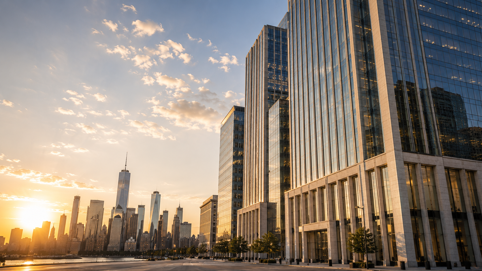 Class A office towers with limestone bases and glass curtain walls at golden hour