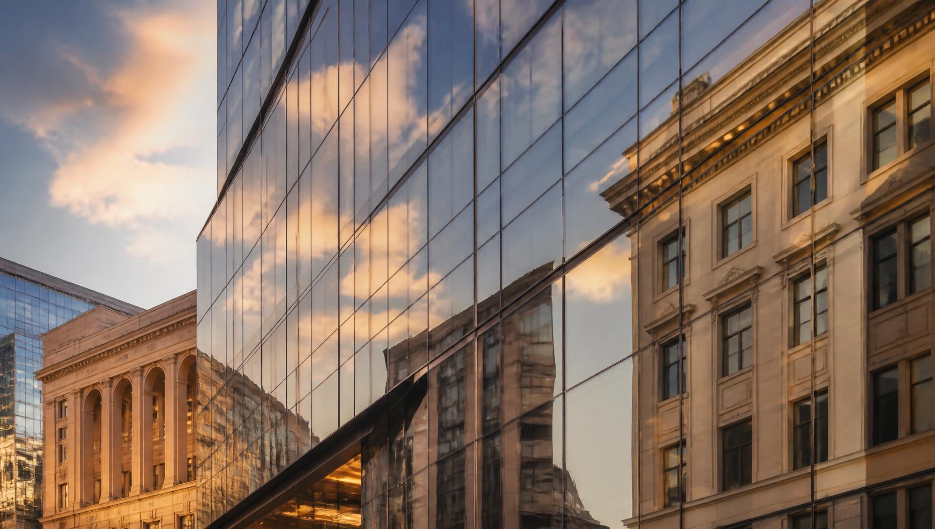 Glass curtain wall reflecting limestone facades at golden hour